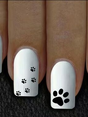 White Nail  with Black Paw Print Accents Press On Nails
